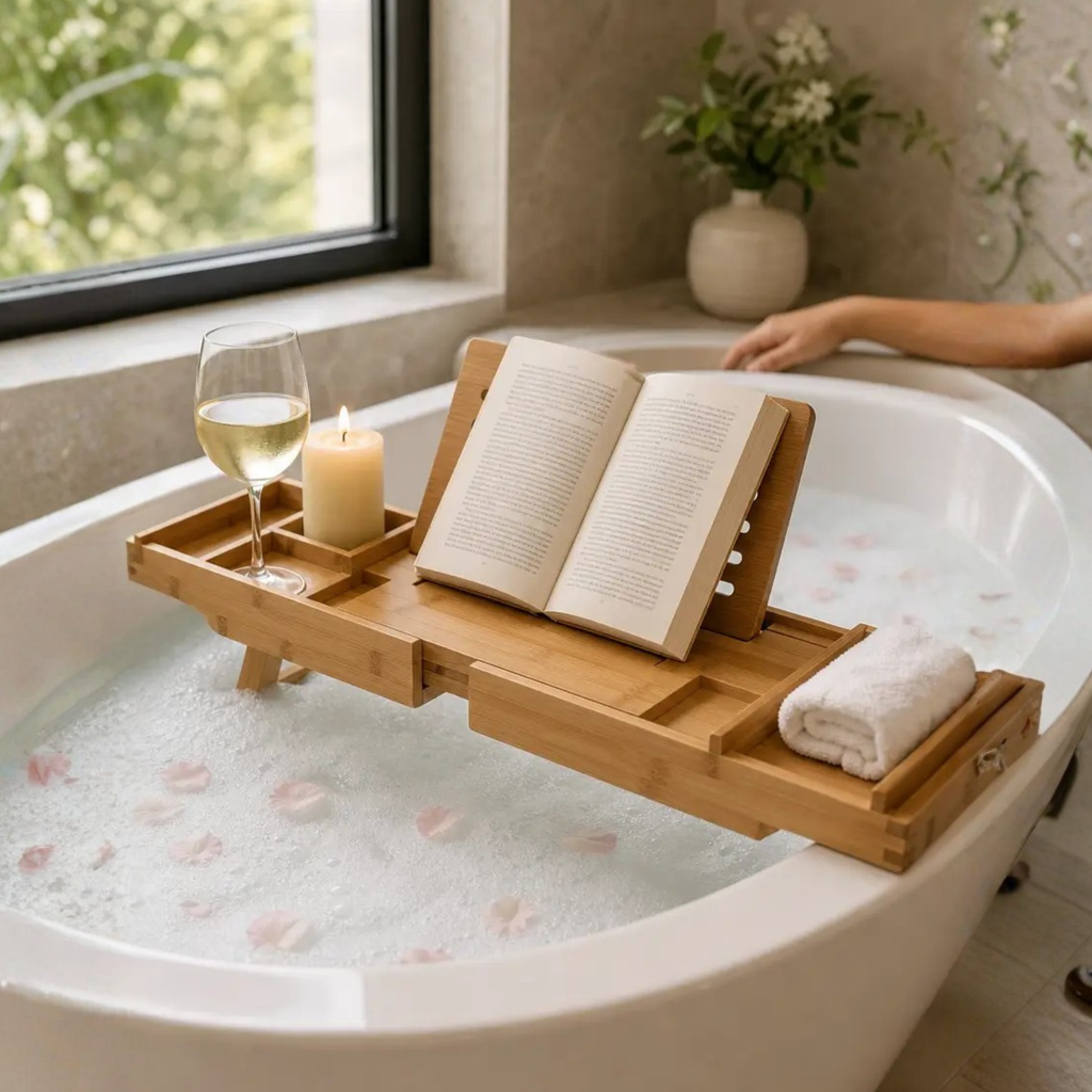 Naya Vault | Expandable Bamboo Bathtub/ Caddy Tray with Stands