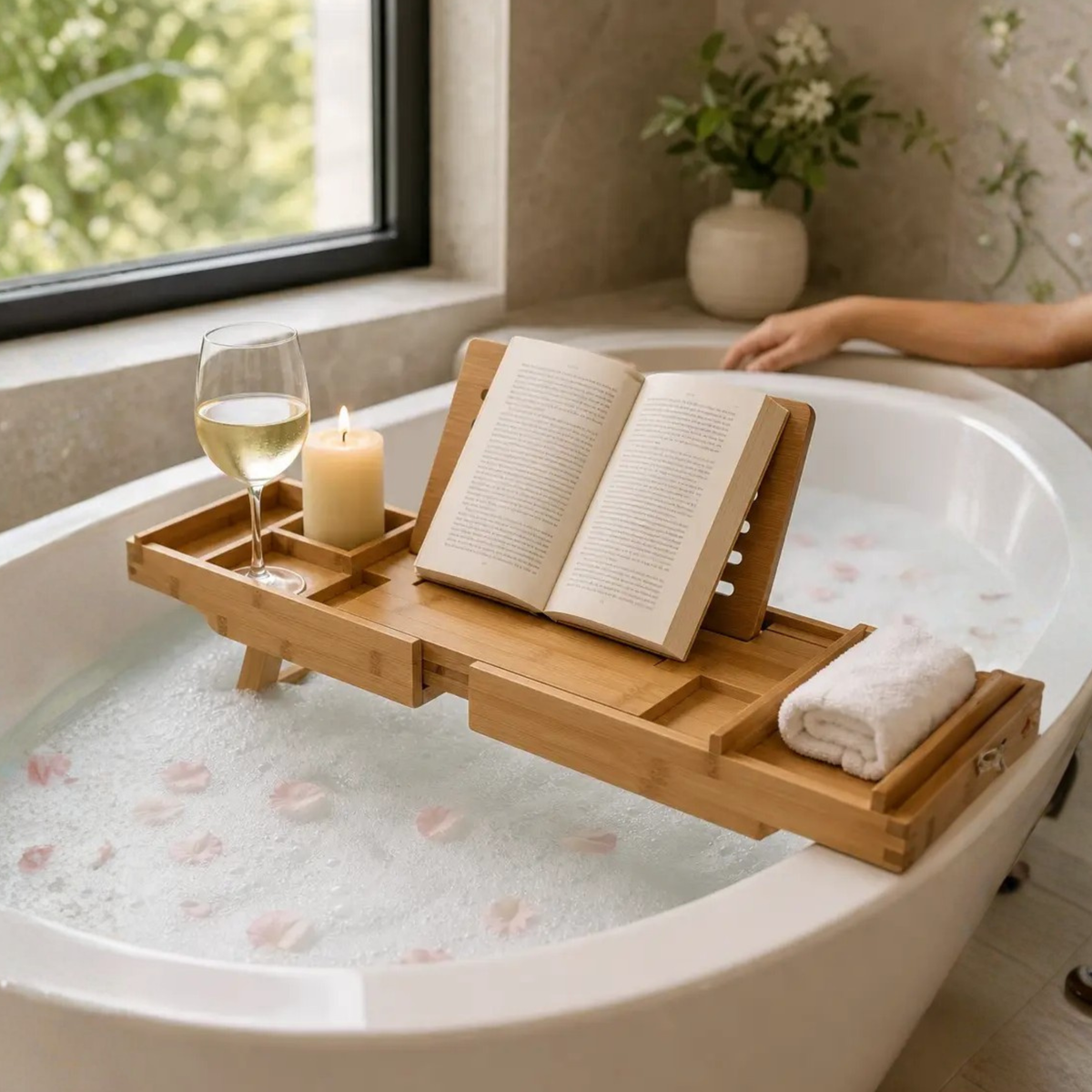 Naya Vault | Expandable Bamboo Bathtub/ Caddy Tray with Stands