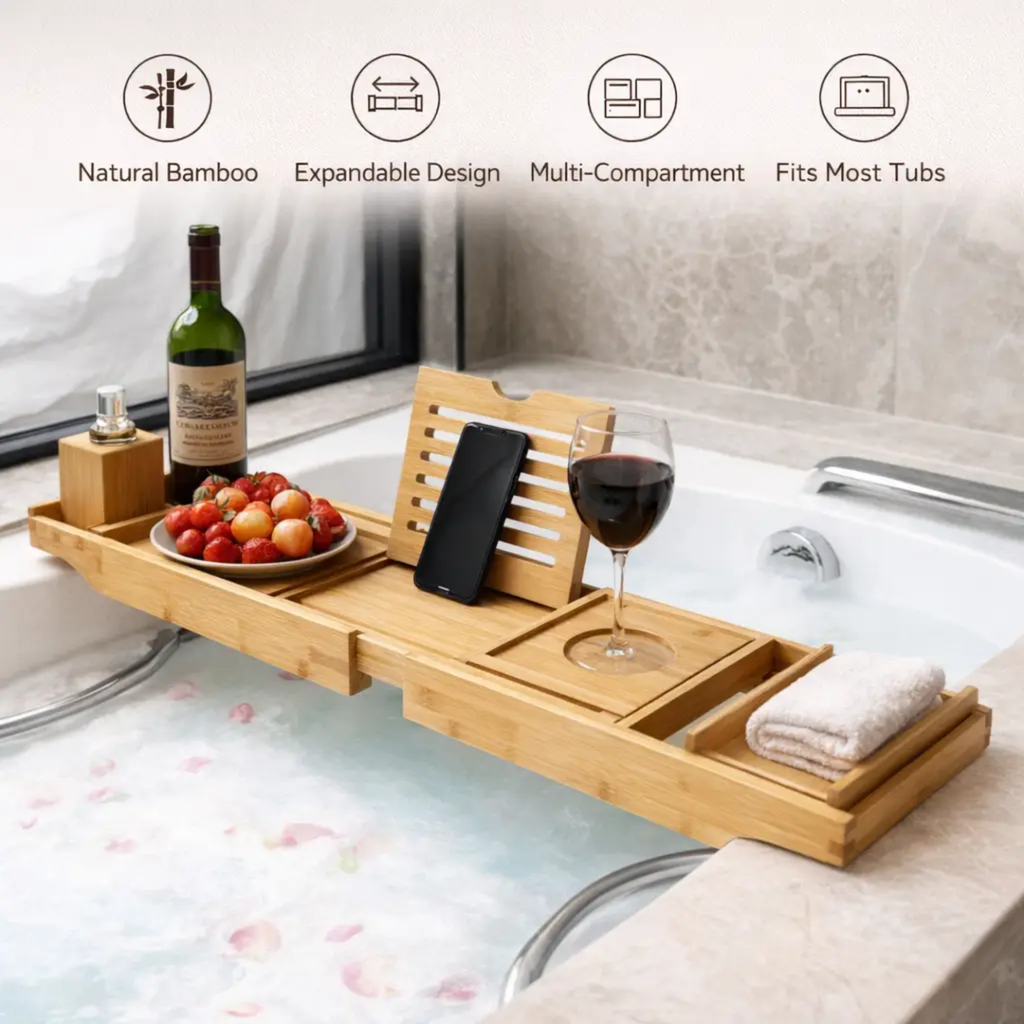Naya Vault | Expandable Bamboo Bathtub/ Caddy Tray with Stands