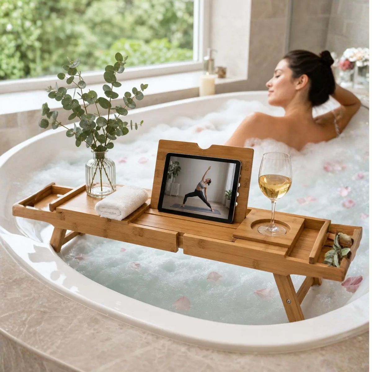 Naya Vault | Expandable Bamboo Bathtub/ Caddy Tray with Stands