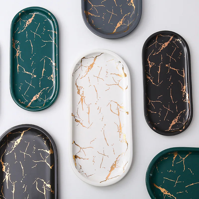 Naya Vault | Nordic Ins Ceramic Marble Oval Tray Jewelry Storage Tray Accessories Soap Holder Golden Wave Bathroom Cup Bath Decoration