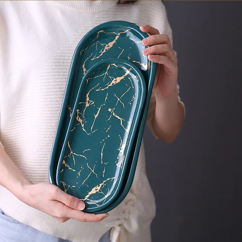 Naya Vault | Nordic Ins Ceramic Marble Oval Tray Jewelry Storage Tray Accessories Soap Holder Golden Wave Bathroom Cup Bath Decoration