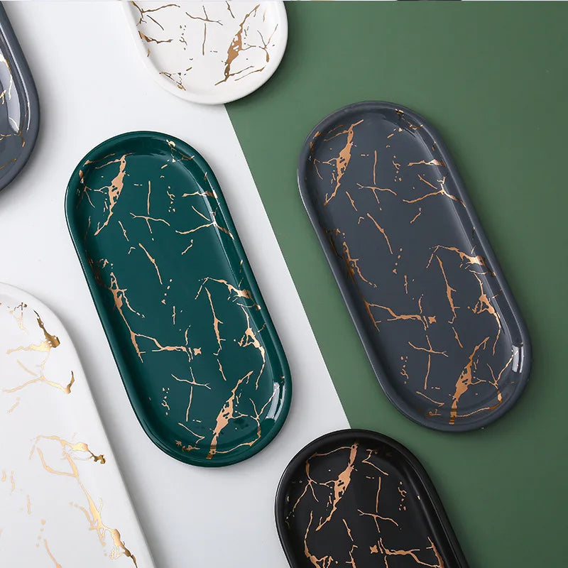 Naya Vault | Nordic Ins Ceramic Marble Oval Tray Jewelry Storage Tray Accessories Soap Holder Golden Wave Bathroom Cup Bath Decoration