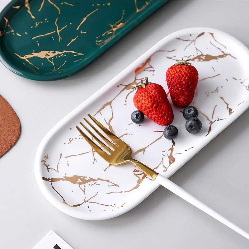 Naya Vault | Nordic Ins Ceramic Marble Oval Tray Jewelry Storage Tray Accessories Soap Holder Golden Wave Bathroom Cup Bath Decoration
